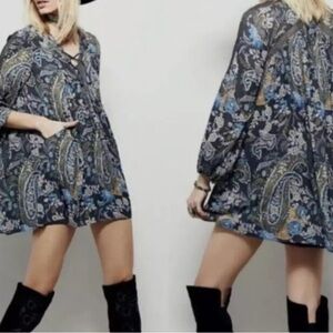 Free People Rain or Shine Dress S Paisley Floral Lace Up Tunic Gray Long Sleeve